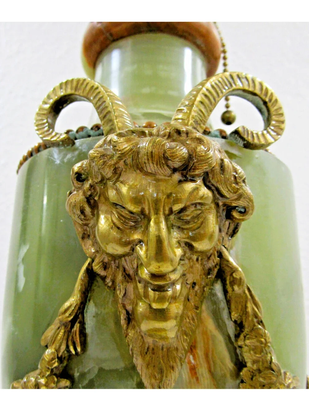 French Neoclassical Green Onyx Gilt Bronze Garland and Satyr Mounts Table Lamp